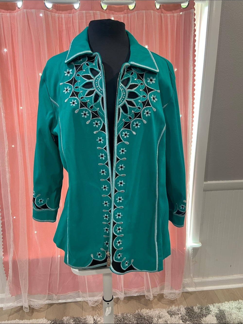 Bob Mackie Teal Embroidered Blazer with Contrast Piping size 1X